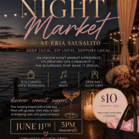 he Night Market at ERIA Sausalito featuring local vendors, live music, open bar, welcome tote bags, and a sunset waterfront shopping experience.